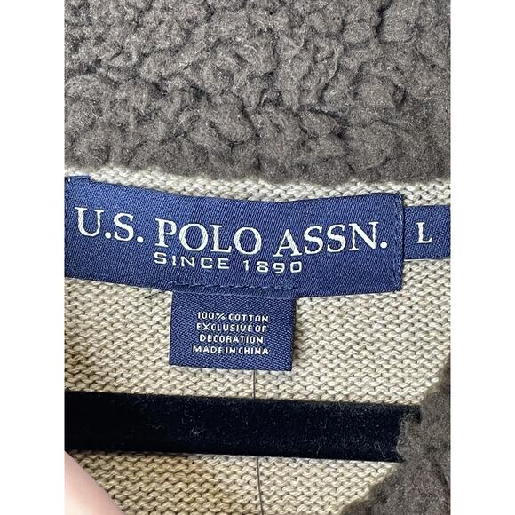 US Polo Assn Sweater Mens Large Beige Half Zip Cable Knit Pullover Sherpa Neck - Picture 6 of 10